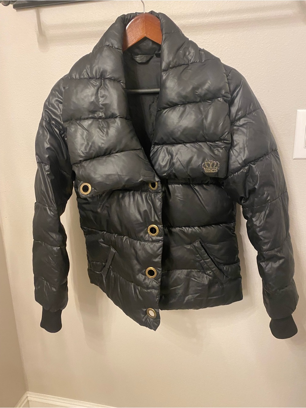 Adidas Black Quilted Puffer Jacket with Gold Eyelet Accents